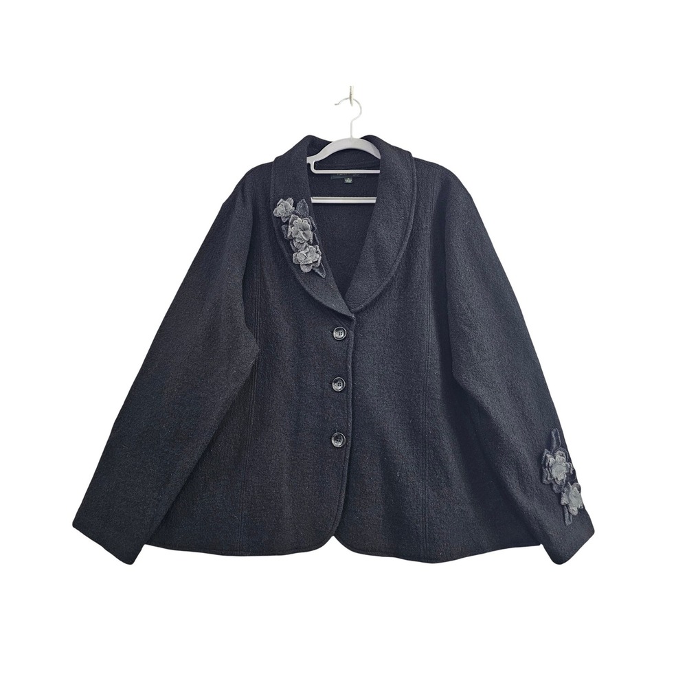 Harve Benard Jacket Wmn 3X Black 100% Wool Floral Applique Button Up Blazer Coat